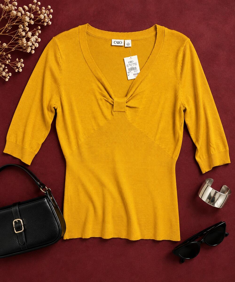 Cato NWT Mustard Yellow Knit Sweater Top Size Medium 3/4 Sleeve